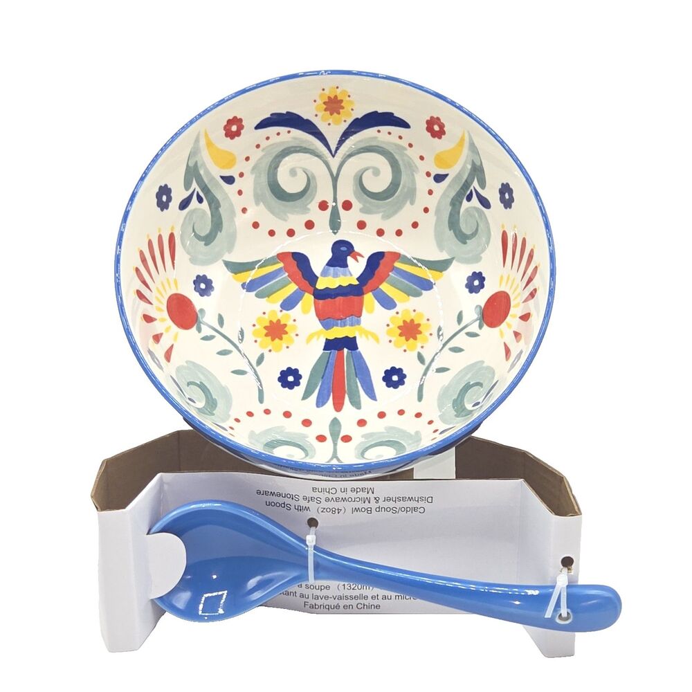 SH Home Multicolor Floral Bird Ceramic Ramen Soup Bowl 48oz‎ With Spoon